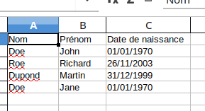Exemple de données dans Libreoffice Calc